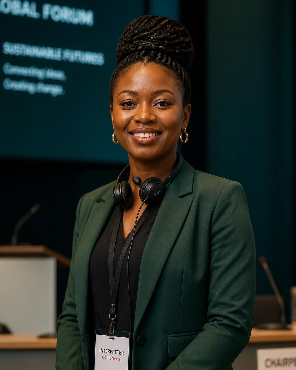 Phibbian Muthama, English–Swahili conference interpreter, at a conference venue